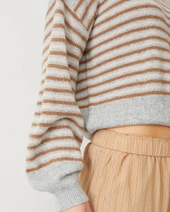 MONROW Wool Cashmere Stripe Sweater HEATHER/CARAMELSTRIPE Hot